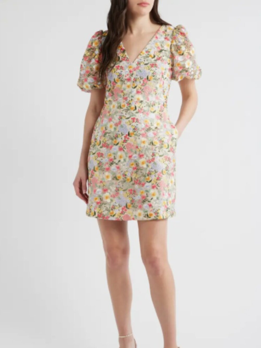 Eliza J Floral Embroidered Puff Sleeve Cocktail Dress 10 P